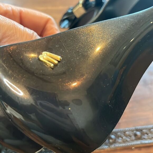 MELISSA ULTRAGIRL SWEET XVII Black and Gold Shimmer Jelly Peep-Toe, 4! - Picture 5 of 8